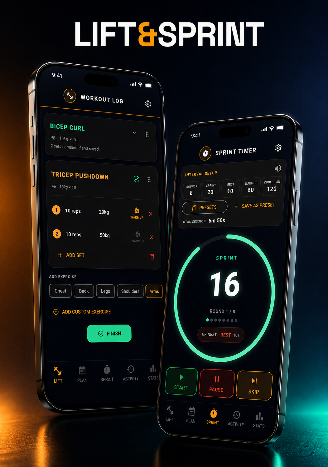Lift & Sprint workout logger and sprint timer shown on two phones