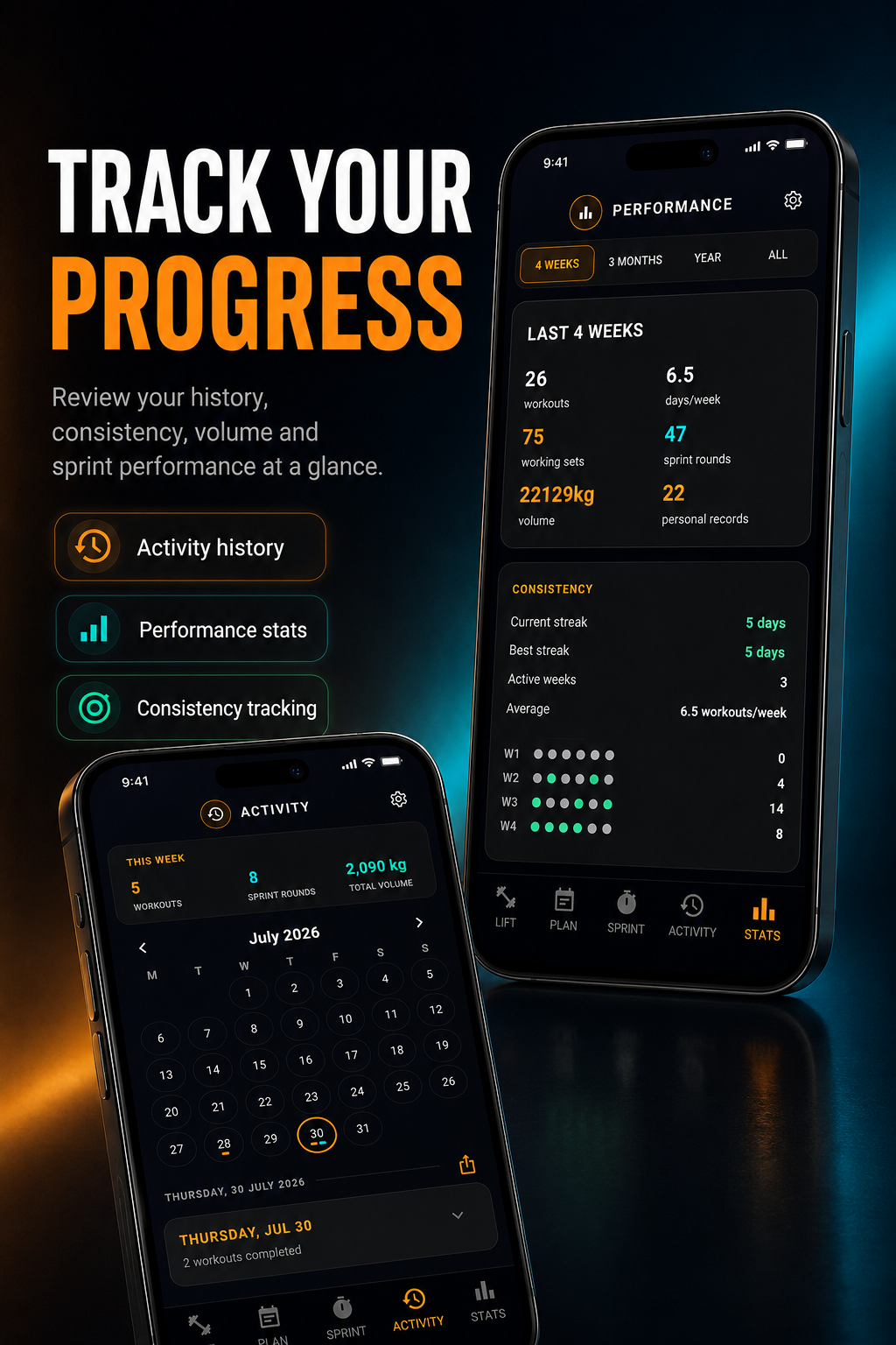 Lift & Sprint progress view with training statistics and recent activity