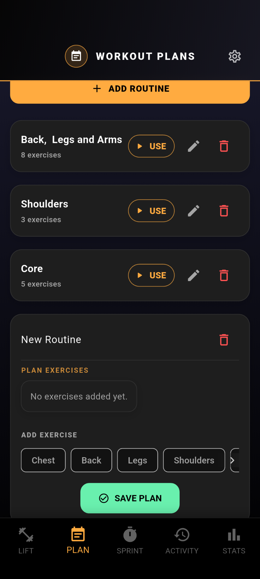 Reusable workout plans screen