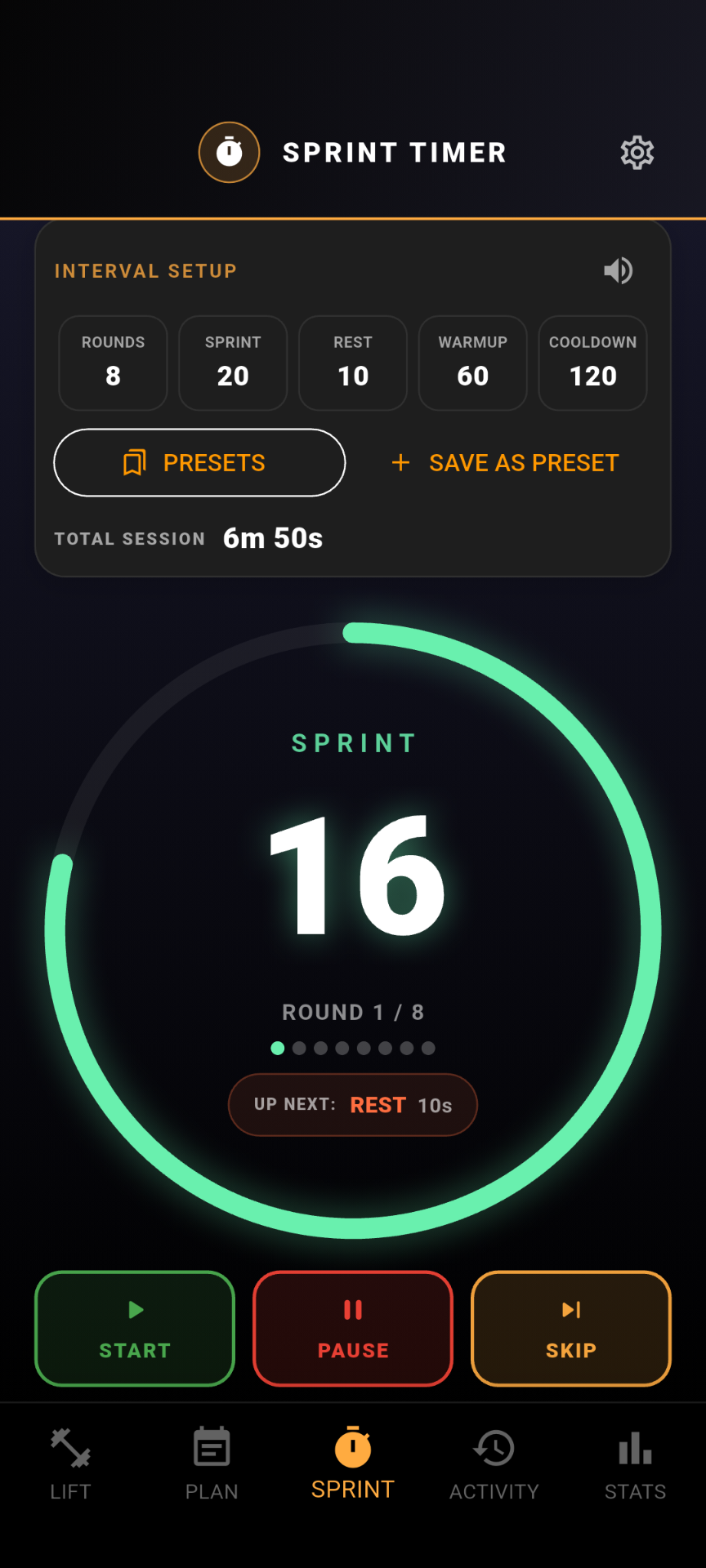Configurable sprint interval timer screen