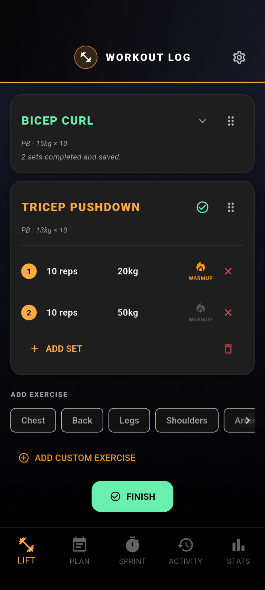 Lift & Sprint workout logging screen in dark mode