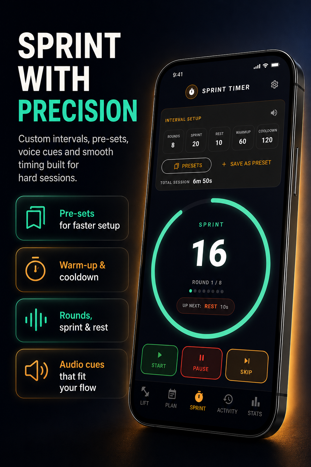 Lift & Sprint interval timer showing sprint and recovery phases