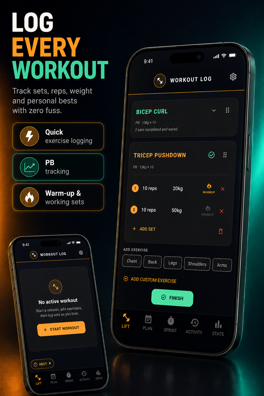Workout logging in Lift & Sprint with exercises, sets, reps and weight